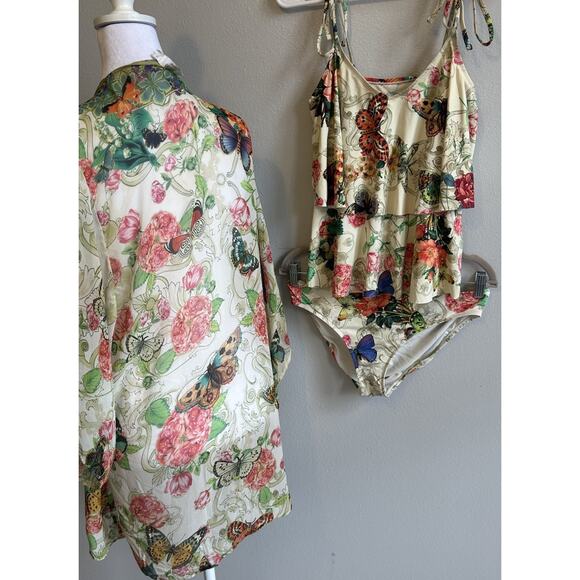 Johnny Was Bikini SwimSuit M Floral Butterflies Ruffles Boho Gypsy Resort Aloha - Picture 12 of 13